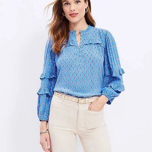 NWT Loft Paisley Ruffle Blue Long Sleeve Blouse